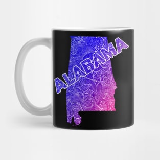 Colorful mandala art map of Alabama with text in blue and violet Mug